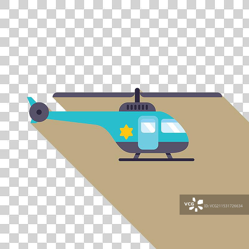 蓝色警察直升机飞行，投下长长的阴影图片素材