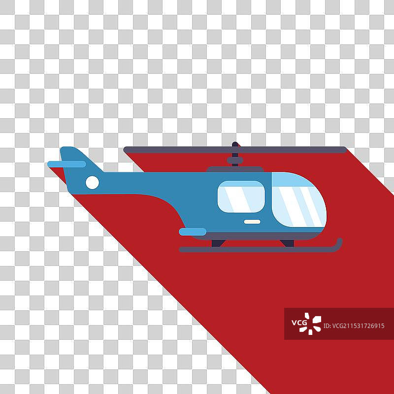 蓝色直升机在红色背景上飞行，投下长长的阴影图片素材