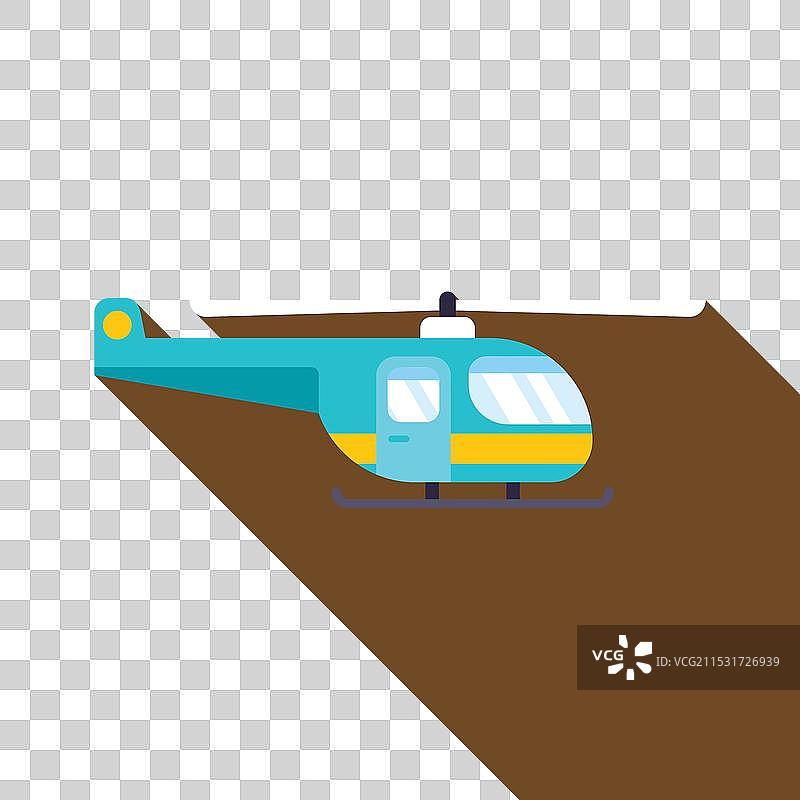 蓝色直升机在棕色地面上飞行，投下长长的影子图片素材