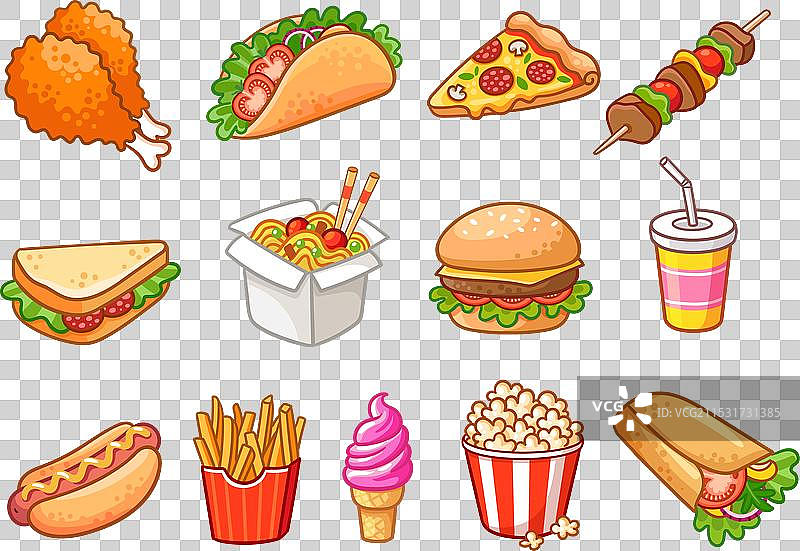 一组快餐卡通图标，汉堡热气腾腾图片素材