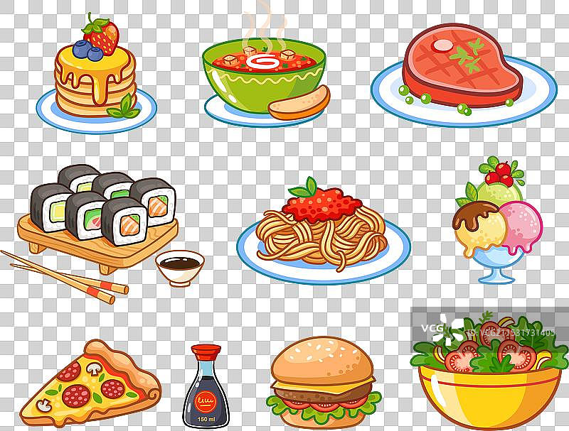 一组晚餐卡通食品图标，意大利面肉酱图片素材