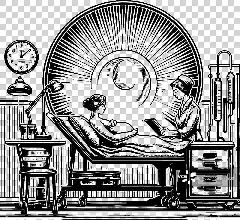 复古医疗场景中的护士和病人图片素材