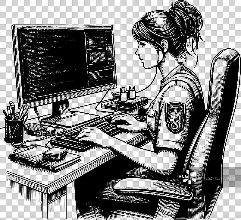 黑白素描中的女性在电脑上工作图片素材