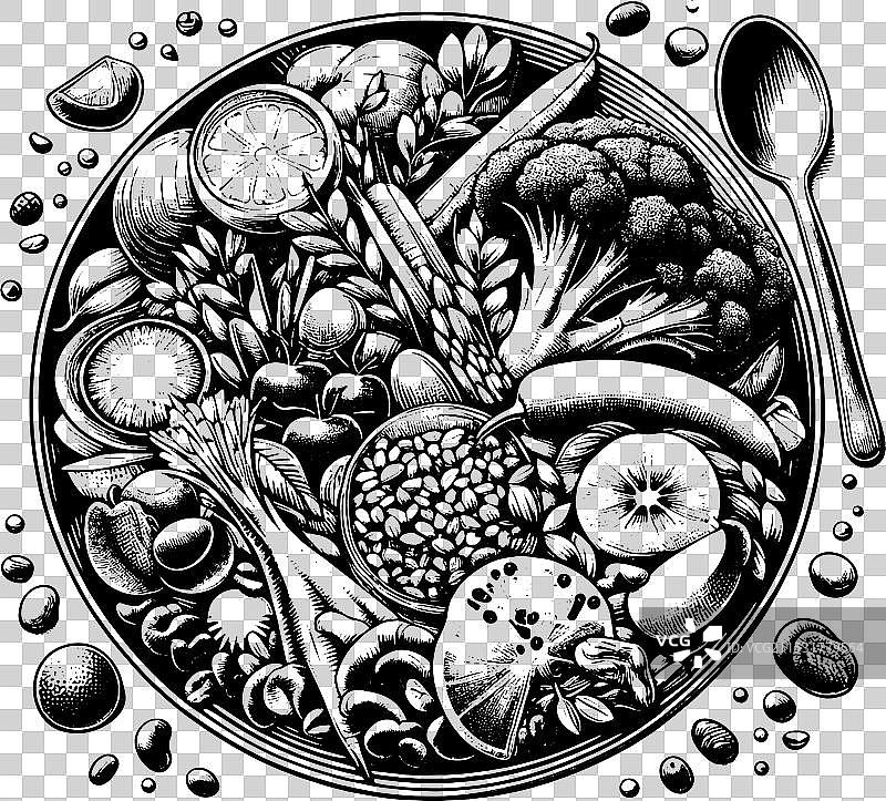 健康食品碗，里面有各种蔬菜和图片素材