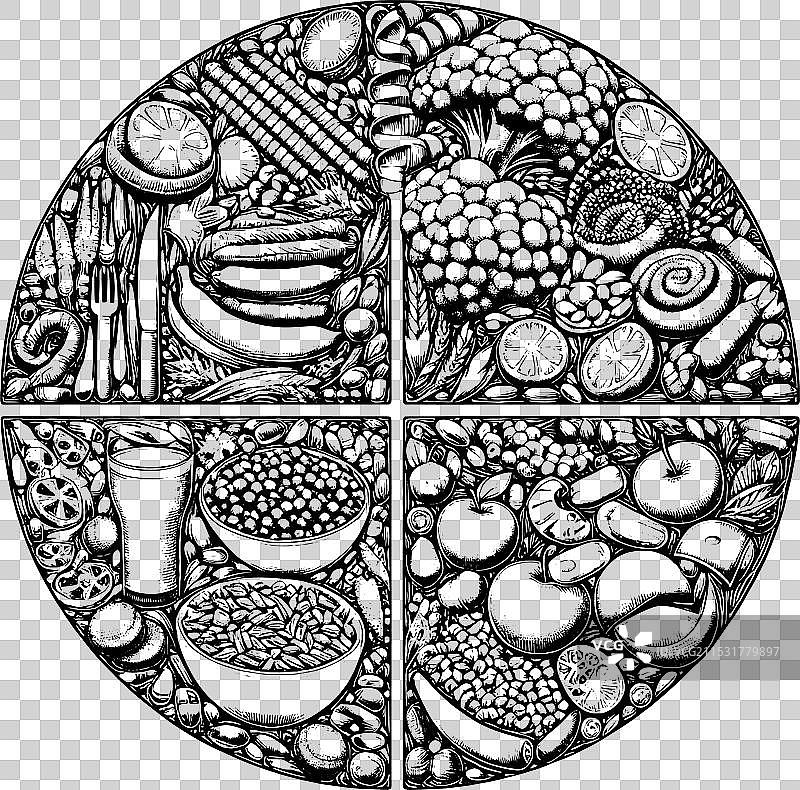 手绘的食物组别圆形图表，分成多个部分图片素材