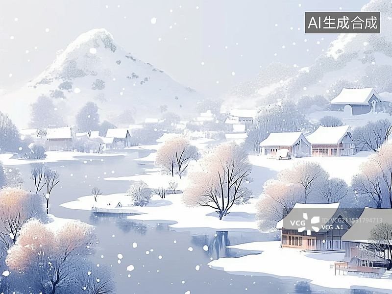 【AI数字艺术】冬天大雪节气中国风山水画村庄雪景自然风光插画图片素材