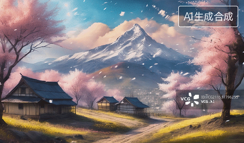 【AI数字艺术】樱花山居图图片素材