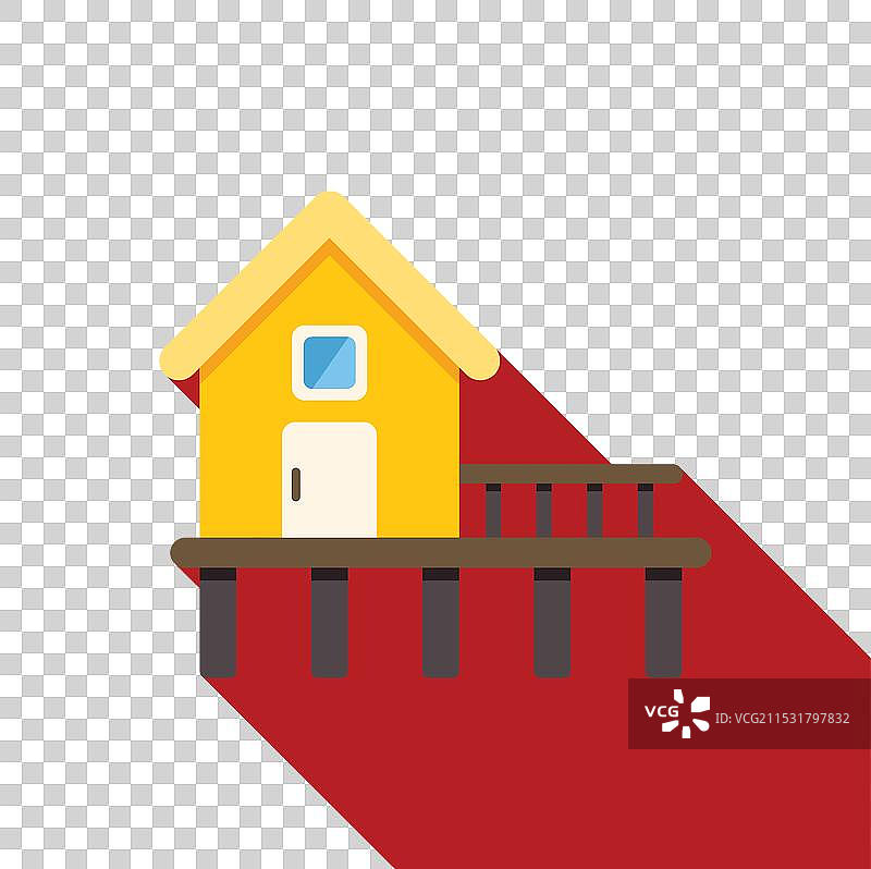 黄色海滩小屋矗立在木栈道上的图标图片素材