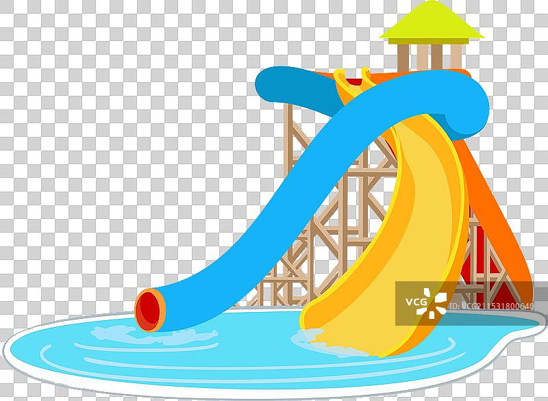 两个色彩斑斓的水滑梯通向游泳池图片素材