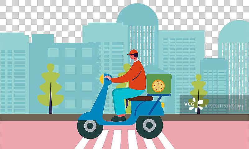 卡通披萨快递员骑着滑板车送披萨图片素材