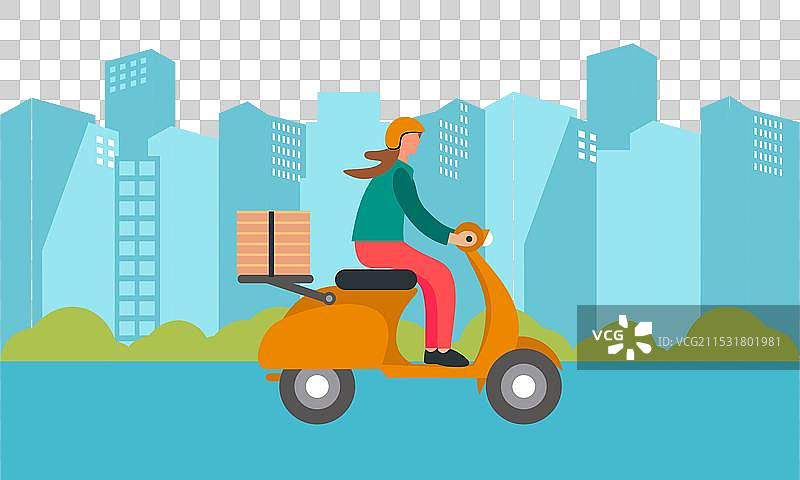 卡通披萨快递员骑着滑板车送披萨图片素材