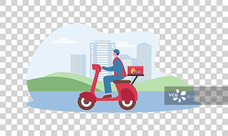 卡通披萨快递员骑着滑板车送披萨图片素材