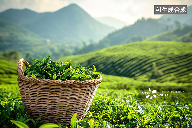 【AI数字艺术】茶园背景下的一篮子茶叶图片素材