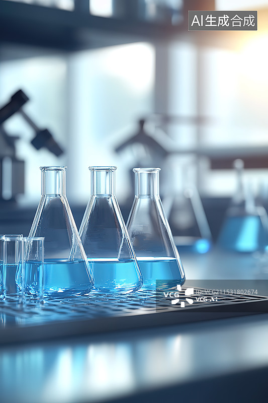 【AI数字艺术】实验室桌台上的蒸馏瓶特写图片素材
