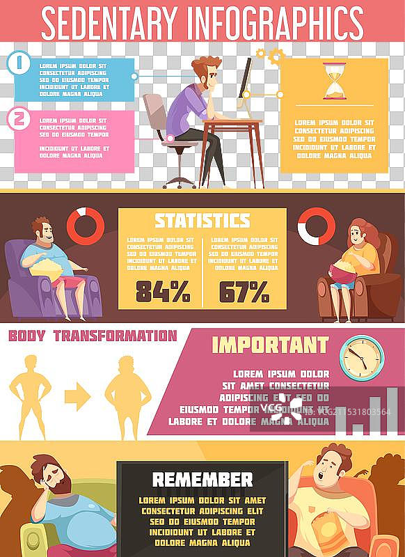 久坐生活方式复古卡通信息图表图片素材