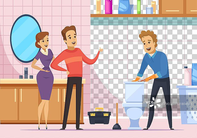 顾客家庭与水管工修理马桶图片素材