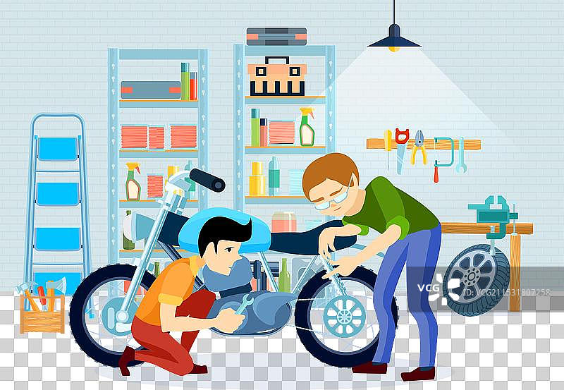 修理摩托车的构图图片素材