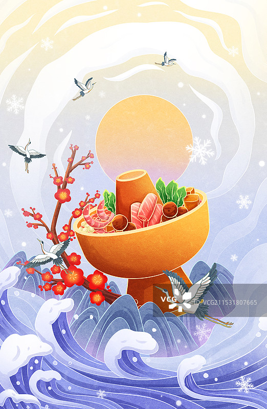 冬天火锅山水建筑插画图片素材
