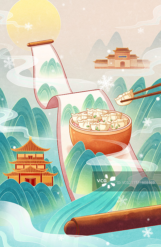 冬天卷轴饺子山水建筑插画图片素材