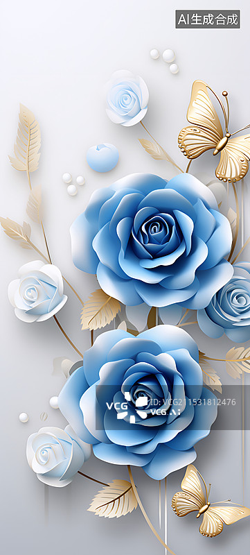 【AI数字艺术】蝴蝶与蓝玫瑰手机壁纸图片素材