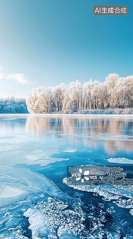 【AI数字艺术】冬天河边上结霜的树木倒影风景图片素材