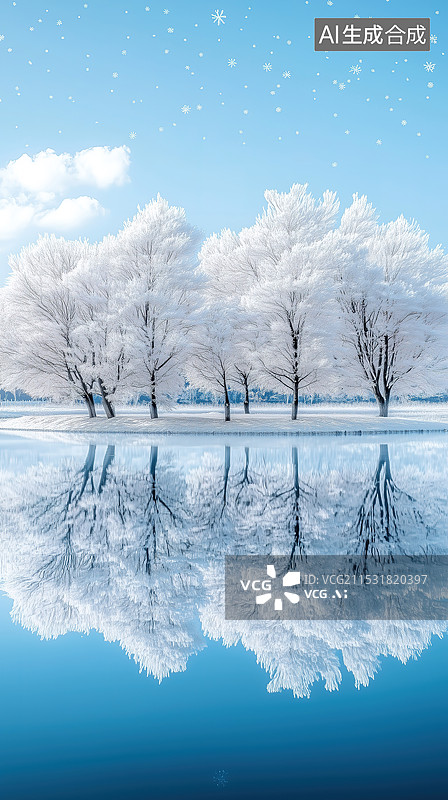 【AI数字艺术】冬天河边上结霜的树木倒影风景图片素材