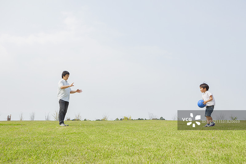 父亲和儿子在草地上玩球图片素材