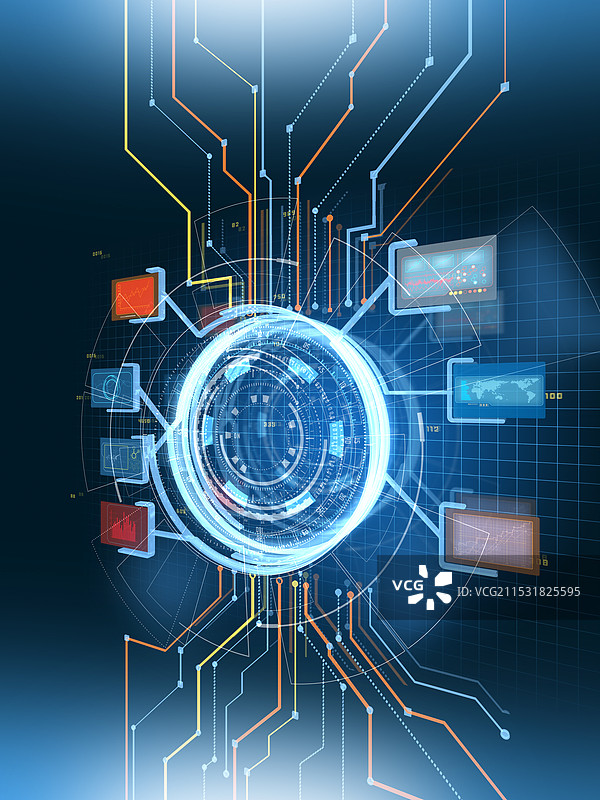 圆形图形用户界面操作面板，显示各种信息和一组电路图片素材