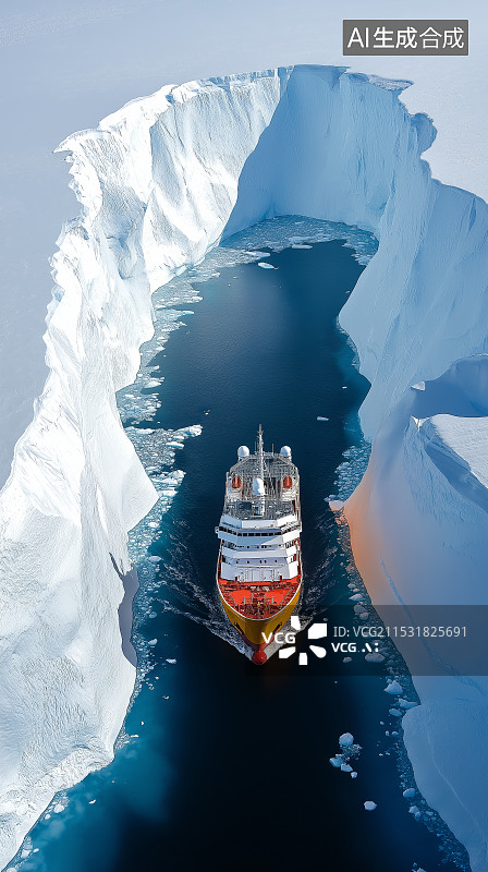 【AI数字艺术】航拍视角下一艘坚固的科考船在冰冷的南极海洋中航行，两侧是高耸的巨大冰山图片素材