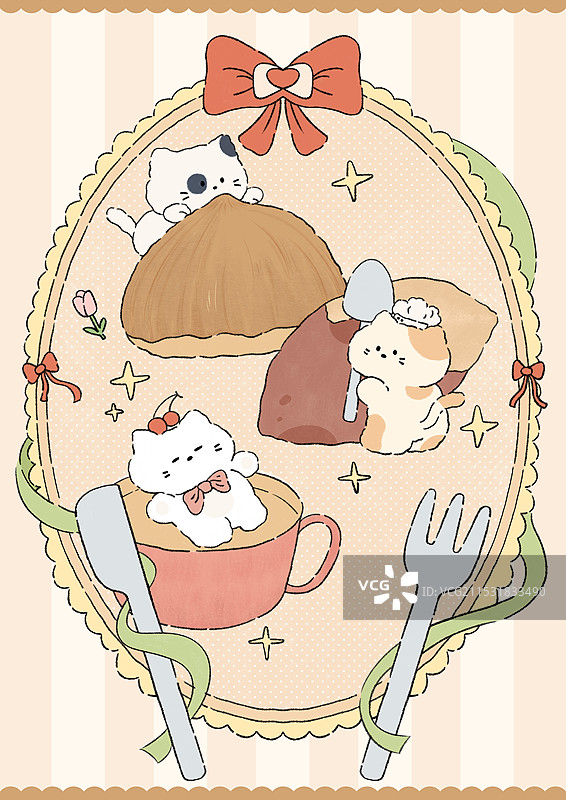 冬日温暖可爱猫咪治愈小清新少女线描插画美食图片素材