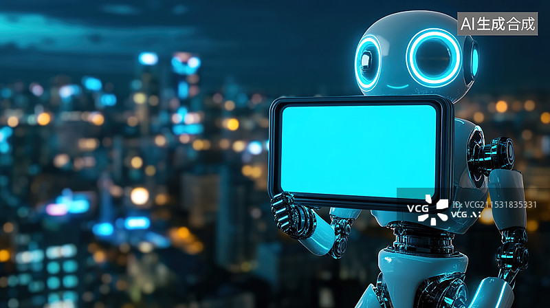 【AI数字艺术】未来感赛博朋克场景一个机器人举着发光的蓝色空白牌子高科技城市景观背景霓虹灯宣传活动图片素材