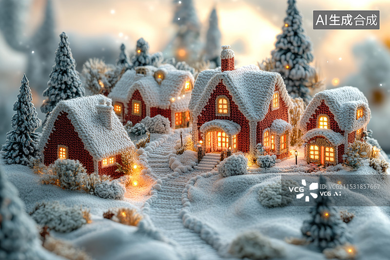 【AI数字艺术】毛线织物编织的冬天雪景图片素材