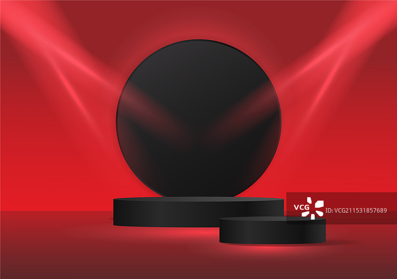 红色房间内有黑色舞台讲台，灯光照亮了它图片素材