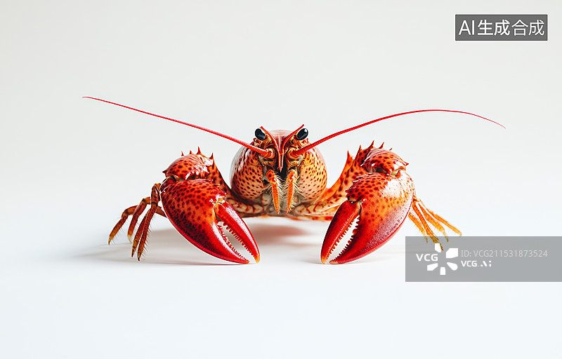 【AI数字艺术】一只红色的龙虾，背景是纯白色的。龙虾的身体呈现出鲜艳的橙红色，带有斑点和条纹，钳子张开，显得非常生动图片素材