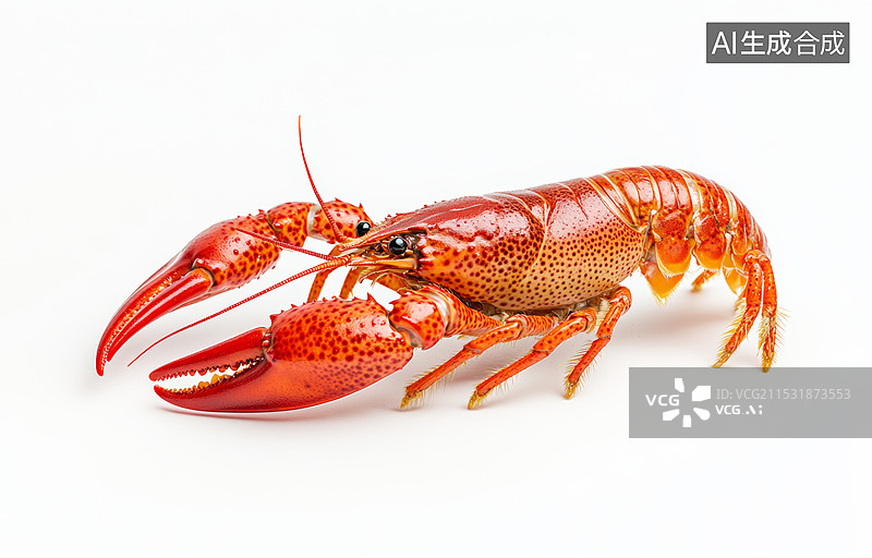 【AI数字艺术】一只红色的龙虾，背景是纯白色的。龙虾的身体呈现出鲜艳的橙红色，带有斑点和条纹，钳子张开，显得非常生动图片素材