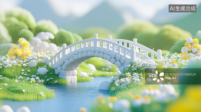 【AI数字艺术】3D卡通春日小桥流水图片素材