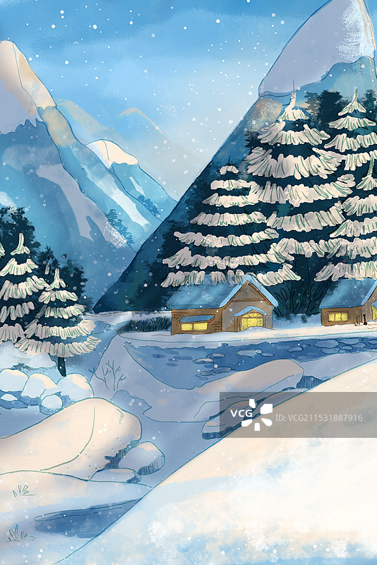 大雪24节气雪景治愈系水彩手绘插画图片素材