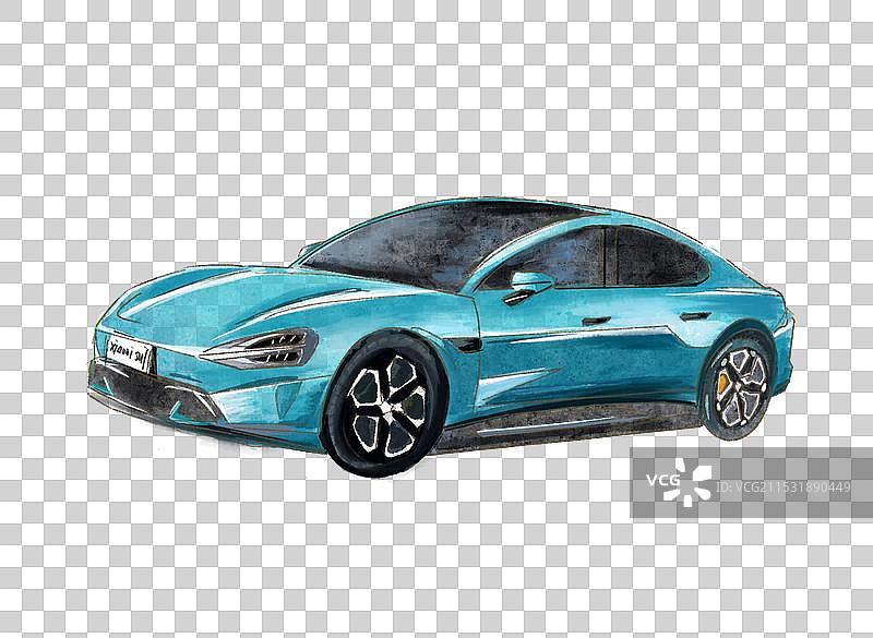 水彩手绘小米su7海蓝色图片素材