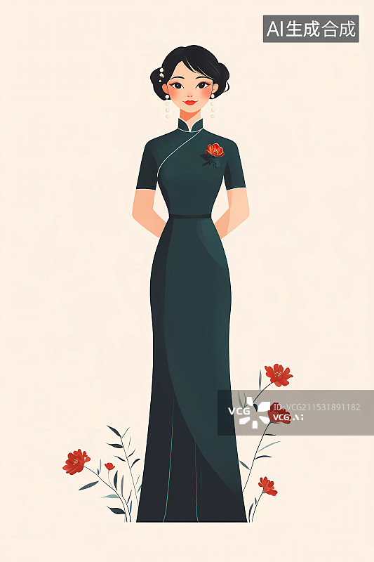 【AI数字艺术】身穿深色中式旗袍的优雅知性女子图片素材