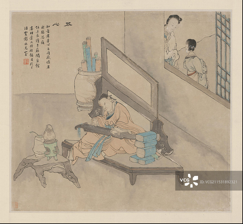 清代绘画艺术品，任薰，西厢记图册，听琴图片素材