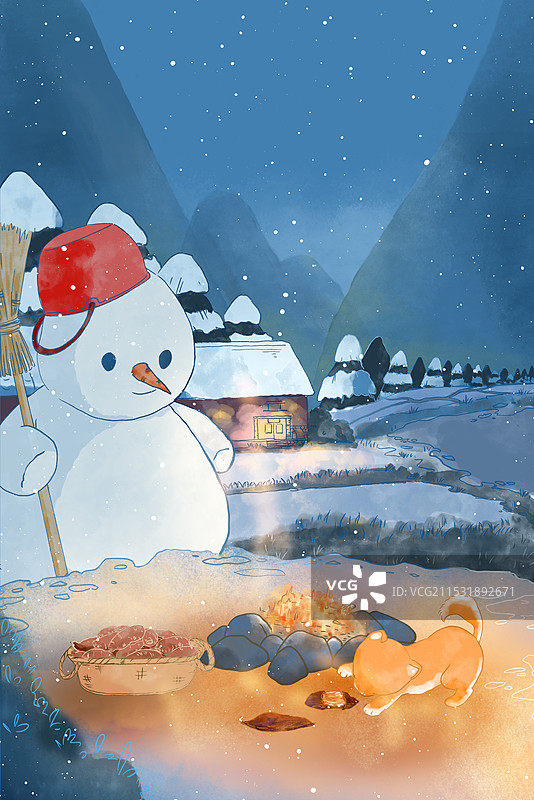 小寒二十四节气冬天乡村风景雪夜雪景雪人治愈系水彩手绘插画图片素材