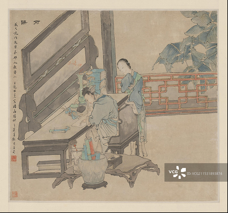 清代绘画艺术品，任薰，西厢记图册，侯前图片素材