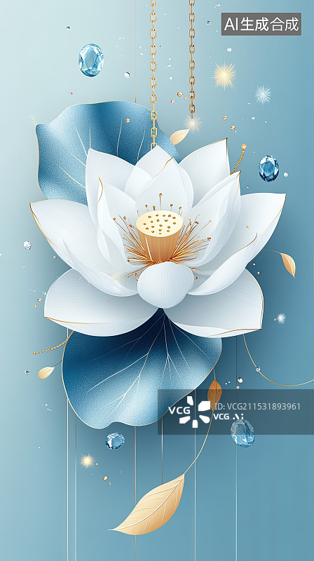 【AI数字艺术】一朵白色的荷花奢华珠宝元素艺术插画图片素材
