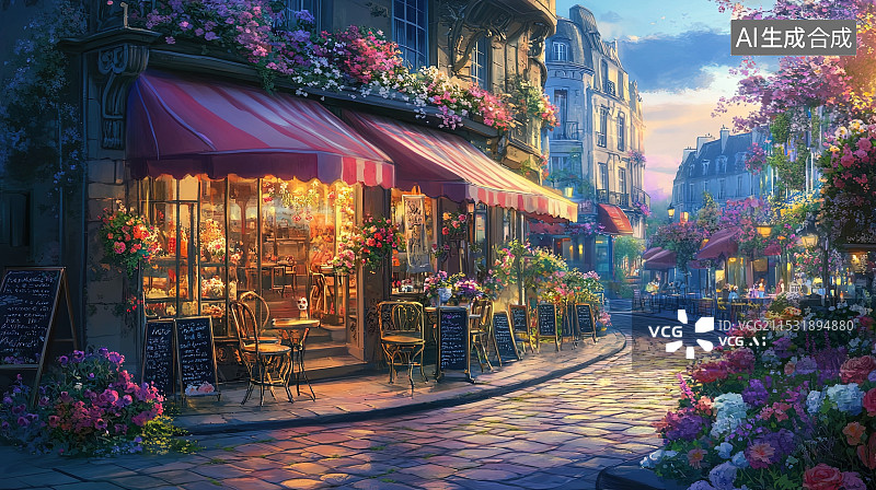 【AI数字艺术】装饰着鲜花的欧式街道咖啡馆插画图片素材