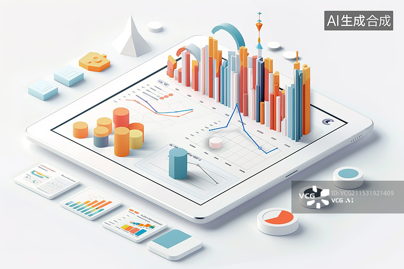 【AI数字艺术】2.5D白色背景下智能平板电脑上显示的各类可视化统计数据图片素材