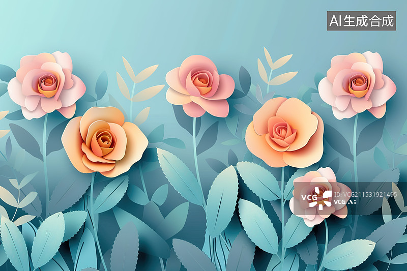 【AI数字艺术】剪纸风格开放的玫瑰花插画图片素材