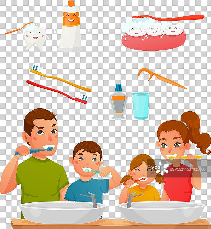 年轻家庭一起刷牙图片素材