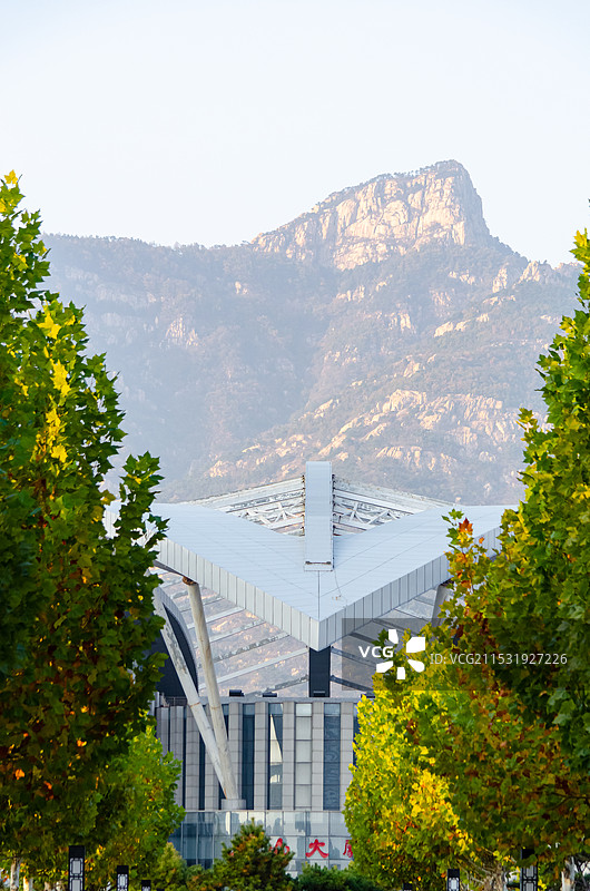 中国城市建筑物拍摄主题，山东泰安泰山剧院和两侧绿色法国梧桐树，户外白昼无人图像摄影图片素材