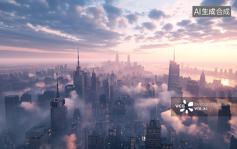【AI数字艺术】云层中的城市高楼大厦图片素材