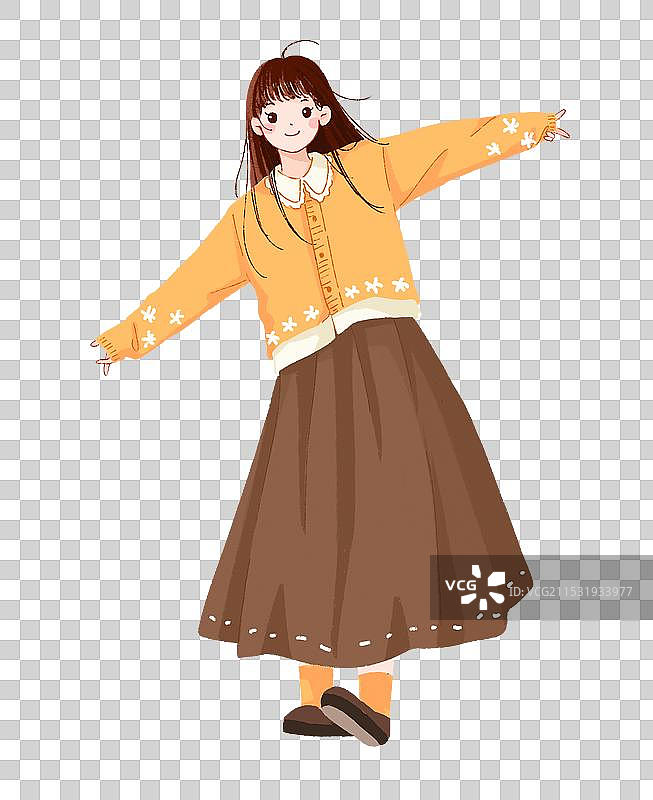小清新扁平插画一个穿着毛衣长裙的可爱女孩图片素材